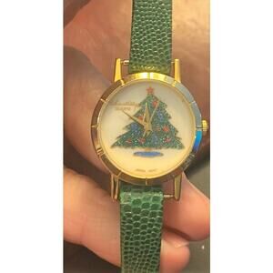 Women's Gold Tone Chantilly Watch, Sparkling Christmas Tree Face, Leather Strap